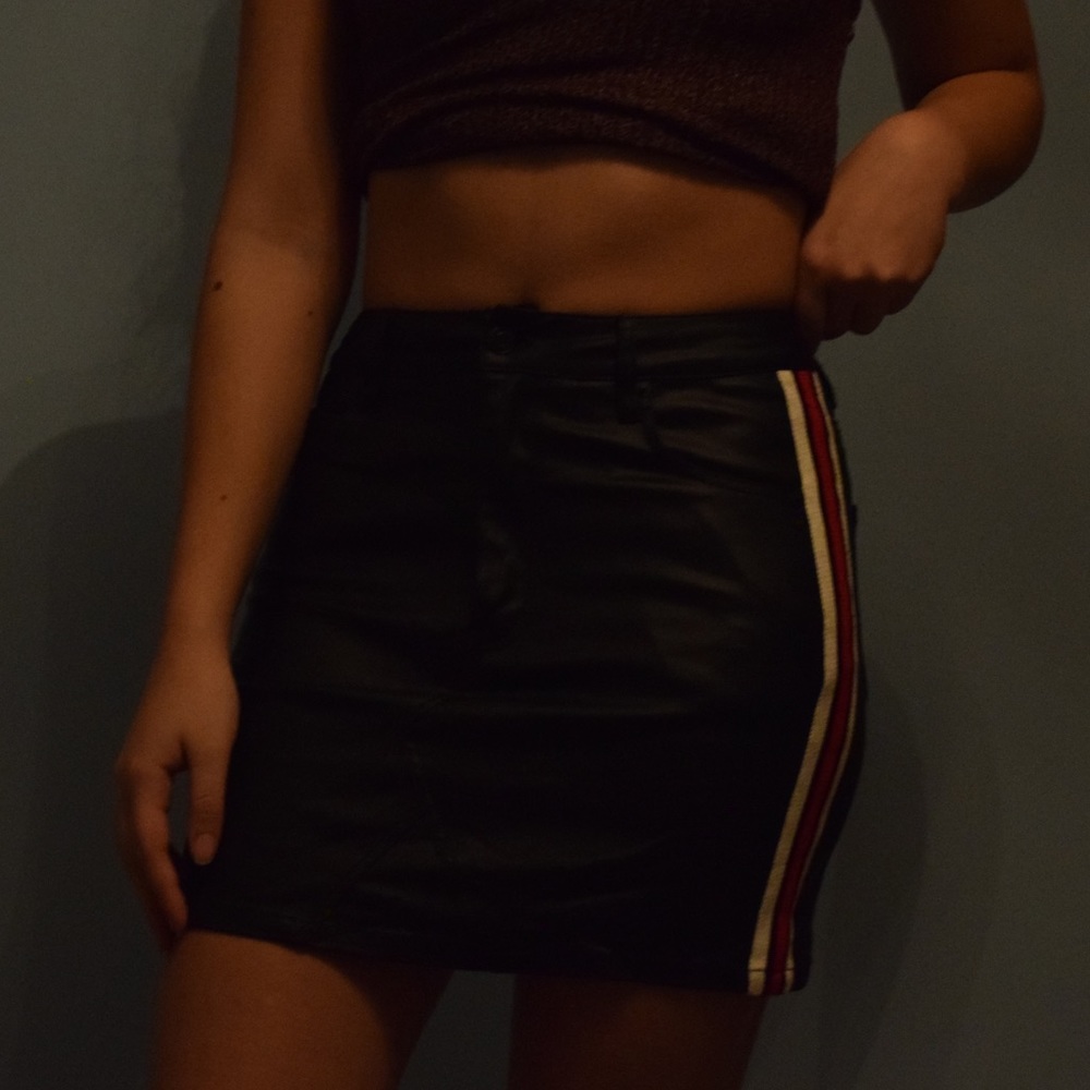 Faux Leather Skirt with Red and White Stripes